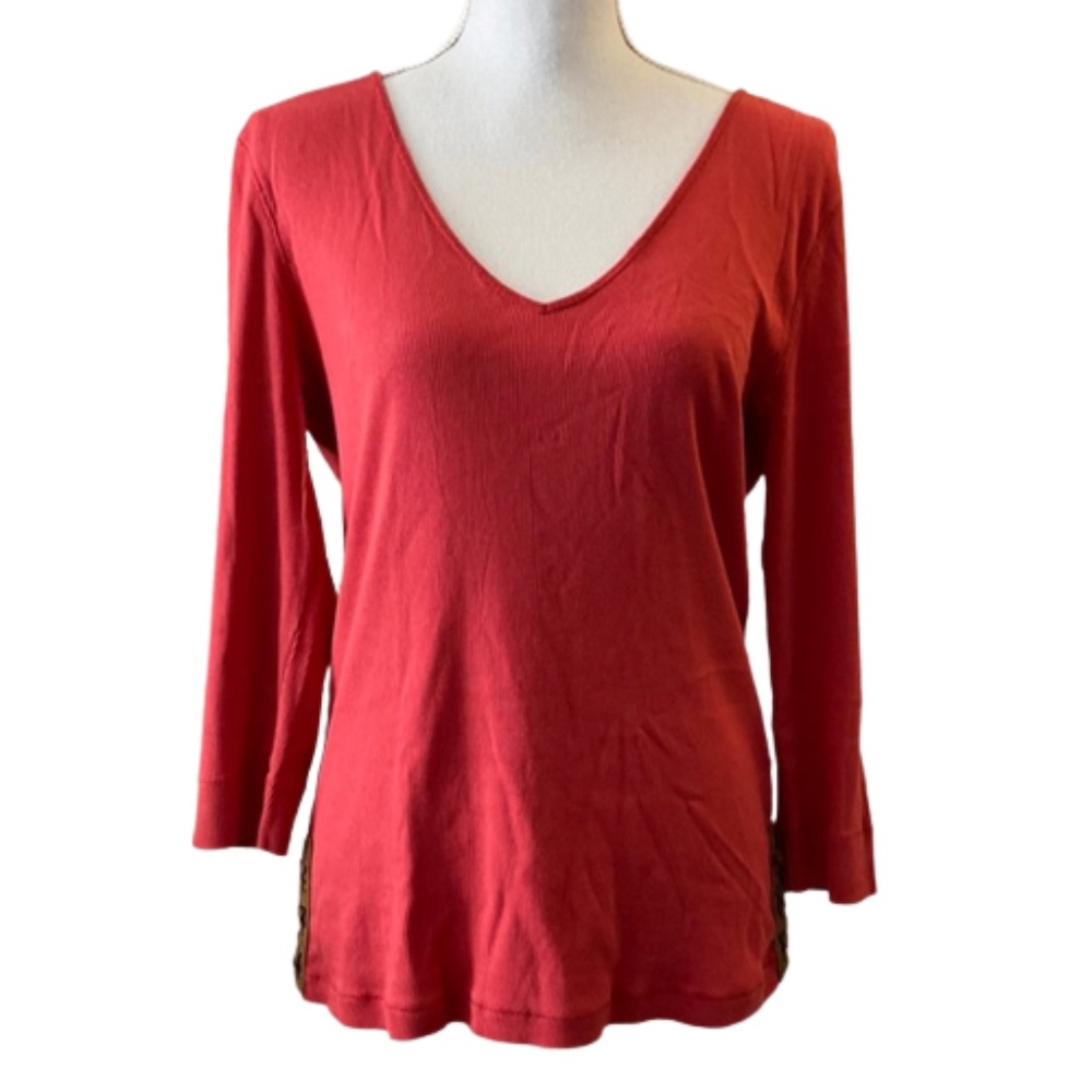 LAUREN RALPH LAUREN ribbed 3/4 sleeve v neck top leather